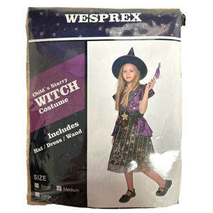 Starry Witch Costume Set for Girls with Hat & Magic Wand Size M 8Y-10Y